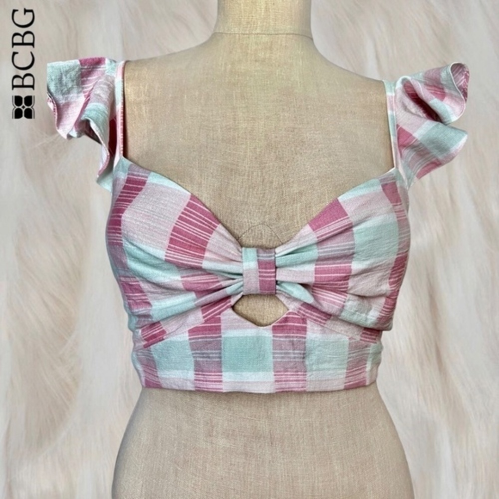BCBGENERATION Madras Plaid Sweetheart Neck, Open Back/Bow-Tie Crop Top NWT/LG